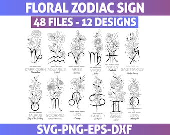 Paquete SVG floral de signos del zodiaco, SVG de flores de nacimiento, paquete SVG del zodiaco, imágenes prediseñadas de signos del zodiaco PNG, SVG de astrología, SVG de símbolos del horóscopo, DXF, EPS