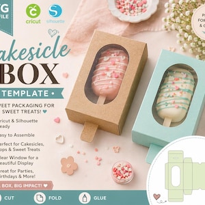 Puede incluir: Plantilla de caja de pastelito en marrón y azul claro, con una ventana transparente para exhibir golosinas. La imagen muestra dos cajas, una marrón y otra azul claro, cada una con un pastelito decorado. El texto dice "¡Embalaje dulce para dulces!"