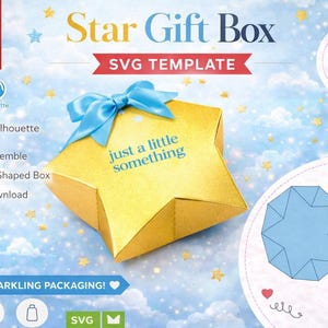 Puede incluir: Una caja de regalo dorada en forma de estrella con una cinta azul, etiquetada como "just a little something". La imagen incluye texto: "Star Gift Box SVG Template" y "Special & Sparkling Packaging!" con logotipos de Cricut y Silhouette.