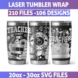 May include: Three black stainless steel tumblers with teacher-themed designs. One tumbler has the words "Teacher Mode Off" with school-related graphics. Another features a name and apple design. The third has floral and teacher-related graphics. The tumblers are available in 20oz and 30oz sizes.