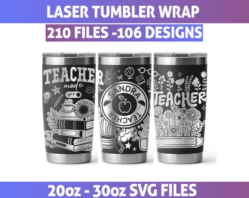 May include: Three black stainless steel tumblers with teacher-themed designs. One tumbler has the words "Teacher Mode Off" with school-related graphics. Another features a name and apple design. The third has floral and teacher-related graphics. The tumblers are available in 20oz and 30oz sizes.