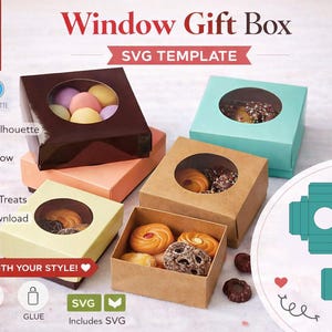 May include: A collection of colorful window gift boxes, filled with treats. The boxes are in various colors, including brown, light green, and beige. The image also includes a diagram of the box design and text that reads "Window Gift Box SVG Template."