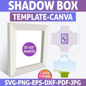 Puede incluir: Una plantilla de caja de sombra blanca con el texto "SHADOW BOX TEMPLATE-CANVA". La imagen incluye un círculo morado con el texto "12"x12" SHEETS". La imagen también incluye el texto "SVG-PNG-EPS-DXF-PDF-JPG".