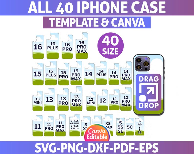 Puede incluir: Imagen que muestra plantillas de fundas para iPhone. El texto "ALL 40 IPHONE CASE TEMPLATE & CANVA" es visible. Muestra varios tama&ntilde;os de tel&eacute;fono, como "16 Pro Max" y "12 Mini". Tambi&eacute;n incluye el texto "DRAG DROP".