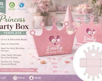 Princess Crown Box SVG, Birthday Favor Box Template, Cricut and Silhouette Cut File, Girl Party Treat Box Digital Download