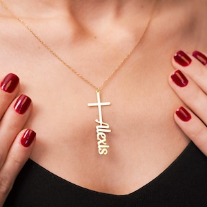 Unisex 14K Gold Cross Name Necklace, Custom Cross Pendant Necklace, Name Necklace For Christian, Baptism Gift, Unisex Religious Necklace
