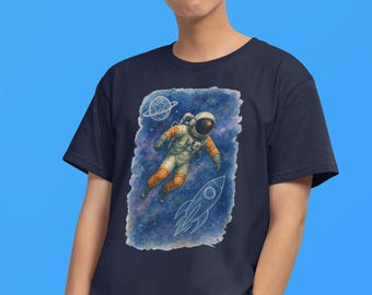 Camiseta cuadrada de aventura cósmica: camiseta unisex de algodón con diseño de galaxia