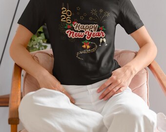 Camiseta de Feliz Año Nuevo 2026 / Champán festivo, acebo y fuegos artificiales