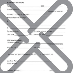 May include: A black and white rental verification form with the title "RENTAL VERIFICATION" at the top. The form includes sections for tenant and unit information, with lines for details such as name, address, and rent amount.