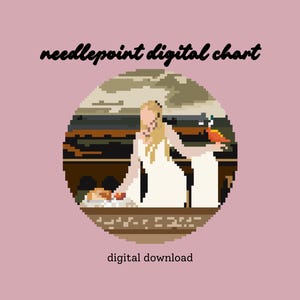 May include: Pixelated digital chart with a woman in a white dress holding a bird, set within a circular frame. The text "needlepoint digital chart" and "digital download" are displayed on a pink background.