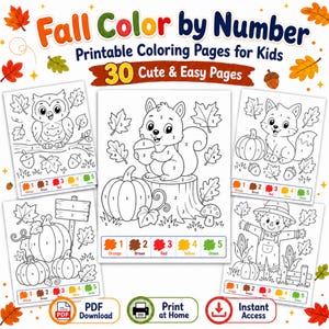 May include: A collection of five printable coloring pages titled Fall Color by Number, featuring black and white line art of an owl, squirrel, fox, pumpkins, and a scarecrow, each with numbered sections and a color key at the bottom.