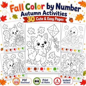 May include: A digital collection of 30 Fall Color by Number Autumn Activities coloring pages featuring black and white illustrations of animals like a fox, hedgehog, and duck with numbered sections and a color key at the bottom.
