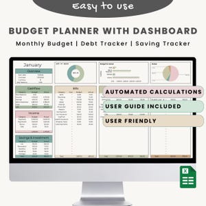 May include: A computer monitor showing a budget planner dashboard. The screen displays a monthly budget, debt tracker, and savings tracker. Features include automated calculations, a user guide, and a user-friendly interface. The text "Easy to use" is at the top.