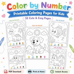 May include: A collection of printable Color by Number coloring pages featuring five distinct black and white line art designs including a dinosaur, a dog, a fish, a car, and a unicorn. The text reads Color by Number Printable Coloring Pages for Kids.