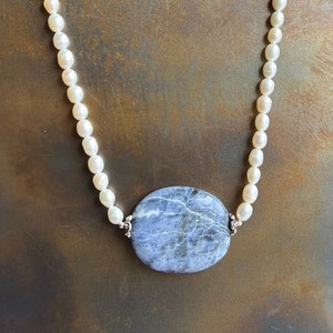 WHITE-WASHED DENIM. sodalite necklace. genuine freshwater pearls. antiqued Bali sterling silver. natural stone. Sundance style. blue white.