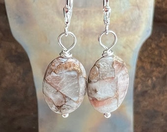 DESERT SONG. bronze red calcite earrings. Sundance style jewelry. white salmon pink. earthy earrings. leverbacks. optional hypoallergenic