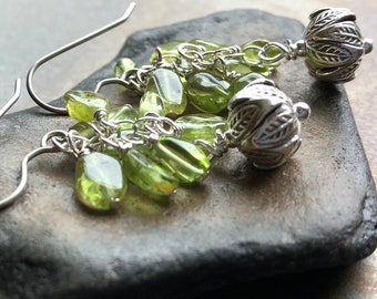 JUNGLE WILDERNESS. peridot earrings. lime green earrings. Thai Hill Tribe silver. August birthstone. leverback and hypoallergenic option.