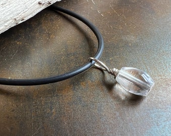 APRIL ICE. clear rock crystal pendant. handmade. handmade. solitary natural stone. Capricorn Gemini Leo. Sundance style. key fob stone charm