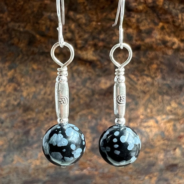 JUST ENOUGH. snowflake obsidian earrings. Thai Hill Tribe silver. Sundance style. natural stones. optional leverbacks / hypoallergenic hooks