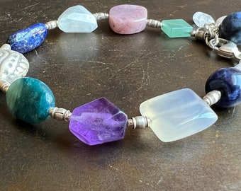 GRAND ADVENTURE. Sagittarius natural stone bracelet. lapis moonstone aventurine amethyst apatite sodalite rose quartz dumotierite. star sign