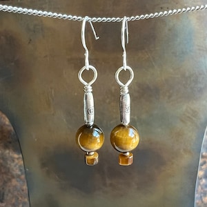 TIGRESS tiger eye earrings. Sundance style. golden brown natural stones. Hill Tribe silver tubes. optional leverbacks or hypoallergenic hook