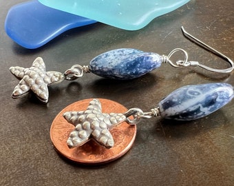 TIDE POOL. 70s blue glass beads spotted with sea spray. Hill Tribe silver starfish. Sundance. optional leverbacks or hypoallergenic hooks.