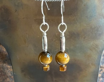 TIGRESS tiger eye earrings. Sundance style. golden brown natural stones. Hill Tribe silver tubes. optional leverbacks or hypoallergenic hook