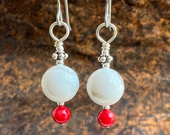 LET'S GO BOATING. white howlite earrings. red coral accent. Bali silver. natural stones. neutral white. optional leverbacks hypoallergenic.