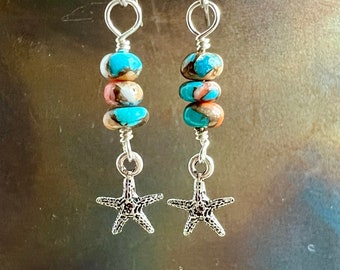 STARFISH WISHES. Kingman spiny oyster blue turquoise earrings. orange white bronze. Sundance style. optional leverbacks. beachy earrings.