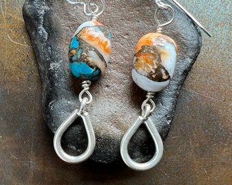 BEAUTIFUL DAY. spiny oyster and Kingman blue turquoise earrings. orange white bronze. Sundance style. optional leverbacks or hypoallergenic.