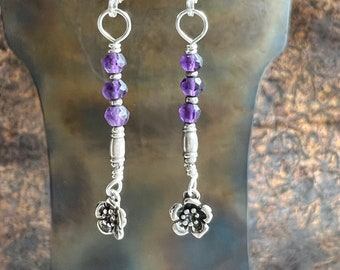 PURPLE POPPIES. amethyst earrings. silver flower blossoms. natural stones. February birthstone. Sundance style jewelry. optional leverbacks.