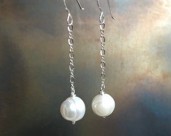 ALWAYS. freshwater pearl earrings.  silver chain. white earrings. beach bum. resort jewelry. June birthstone. optional leverbacks. Sundance.