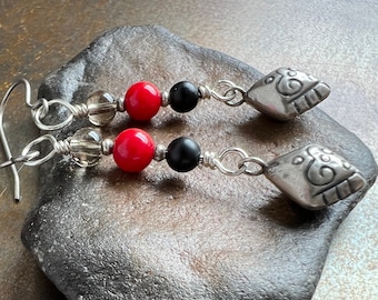 CURLY Q. black onyx earrings. red coral. Sundance style. unique casual. hippie. optional sterling silver leverbacks. hypoallergenic hooks.