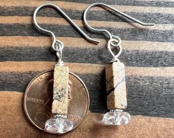 ICE QUEEN ME. picture jasper earrings. clear rock crystal. natural brown stones. desert vibes. casual. optional leverbacks / hypoallergenic.