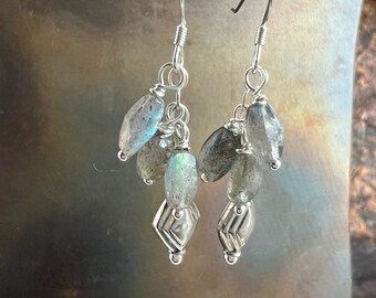 EARTH TREASURES. labradorite earrings. flashing blue. gray. optional leverbacks or hypoallergenic hooks. natural stones. Sundance style. 925