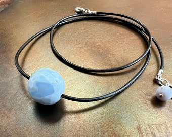 KISS the SKY. blue lace agate stone on leather. big natural stone ball. fun for spring. mothers day gift for mom. Sundance style. unique.