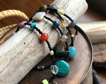 RANDOM ORPHANS. gemstone wrap bracelet. unique. fun. pearls. agate. jasper. lapis. amethyst. citrine. garnet. sterling silver lobster clasp.