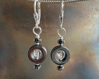 BON VOYAGE. hematite earrings. gunmetal black. Swarovski circle. sexy. leverbacks. optional sterling or hypoallergenic hooks. gift for her.