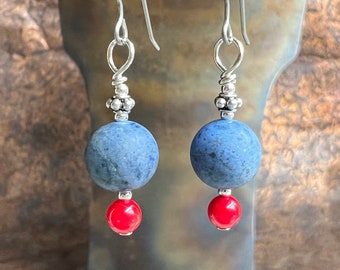 BLUE JEANS LANE. dumortierite stones. red coral. Bali sterling silver. casual. Sundance style. optional leverbacks or hypoallergenic hooks.