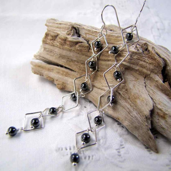 hematite earrings . ROCK STAR . sterling silver earrings . under 25 dollars . black earrings . long earrings . hip earrings . happy dance