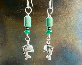 PLAYFUL. green aventurine earrings. Hill Tribe silver dolphin. Kingman turquoise. natural stones. beach earrings. leverbacks. hypoallergenic