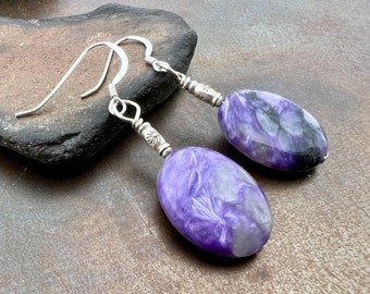 PURE ART. rare chaorite earrings. sterling silver earrings. purple earrings. natural stone earrings. Hill Tribe silver. Sundance style. cool