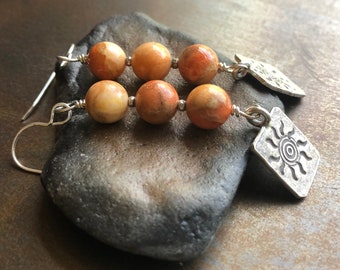 BRING your own SUNSHINE. orange apple fossil coral natural stones. Thai Hill Tribe silver sun. Sundance style. leverbacks. crazy cool.