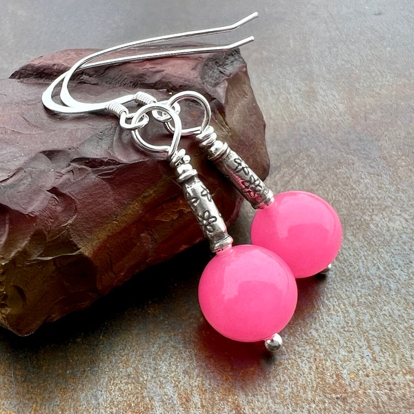 BARBIE LOVE. hot pink candy jade. Hill Tribe silver. Sundance style jewelry. optional leverbacks of hypoallergenic hooks. silver earrings