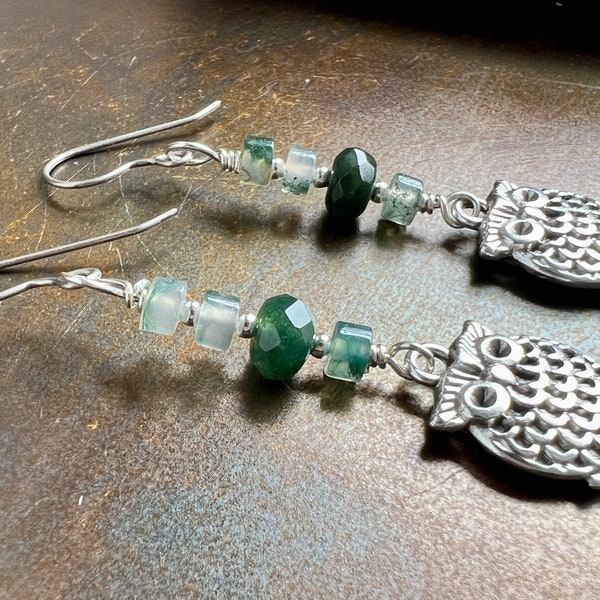 OWLIE. moss agate earrings. forest owl. green. natural stones. Sundance style. optional leverbacks or hypoallergenic hooks. 925 silver.