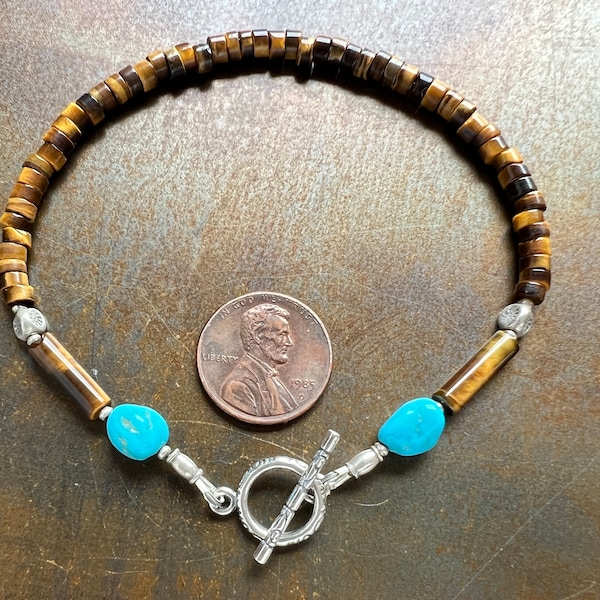 DANCING WITH TIGERS. tiger eye bracelet. natural stones. Kingman blue turquoise. Karen Hill Tribe silver toggle. Sundance style jewelry. fun