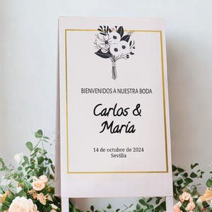 Cartel de bienvenida para boda,plantilla editable en español con diseño floral y detalle dorado, tamaño A2 digital
