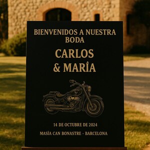 Cartel de bienvenida boda motera. Diseño biker elegante en negro y dorado para imprimir en A2
