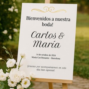 Cartel de bienvenida para boda editable en español .Diseño minimalista A2 con detalle dorado . Personaliza online con Templett