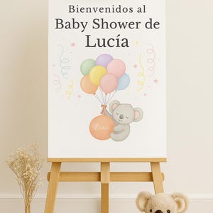 Cartel de bienvenida baby shower koala - Plantilla editable en Canva - Diseño imprimible digital niña o niño